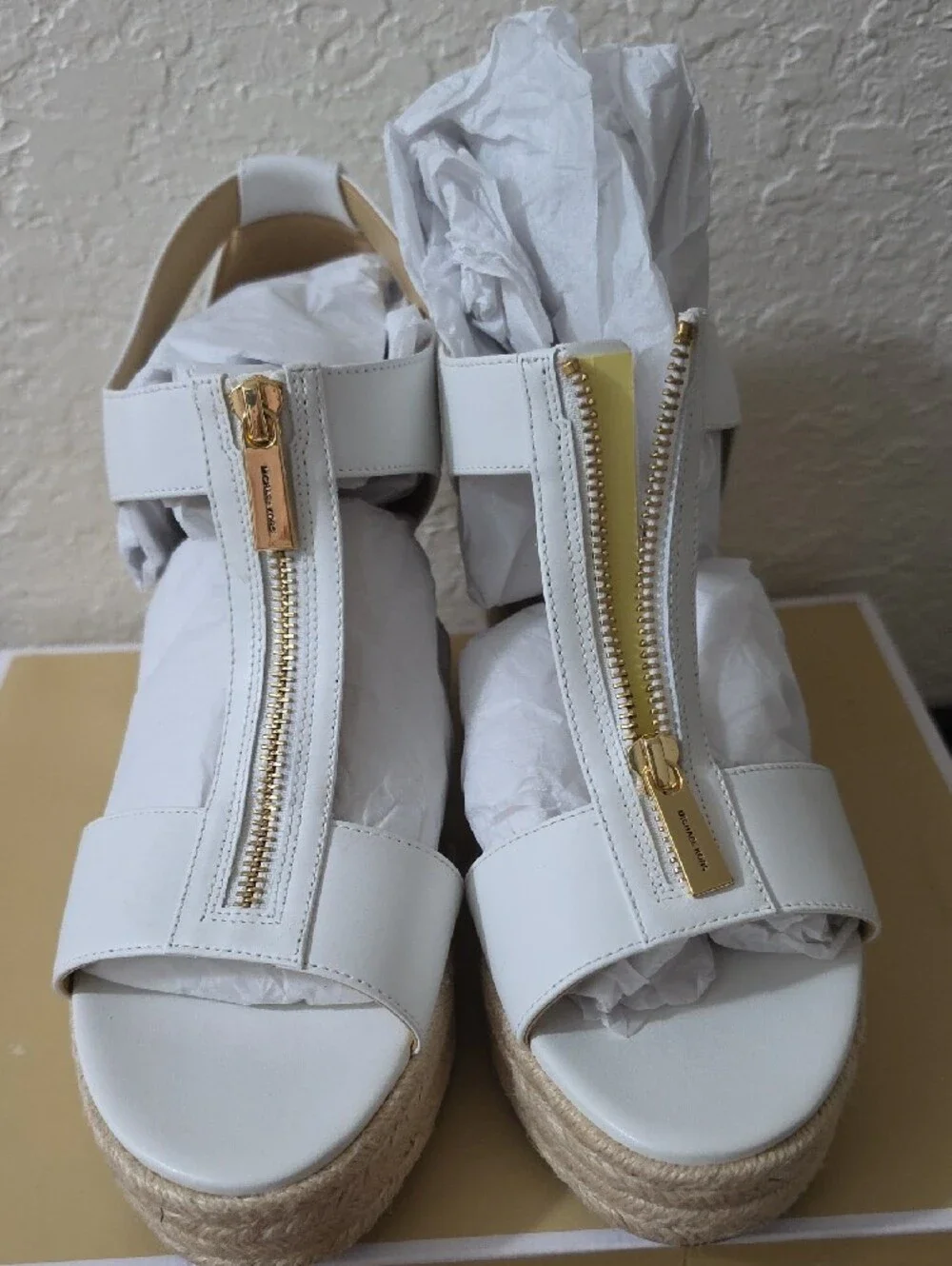 MICHAEL Michael Kors White Leather Espadrille Wedge Sandals with Gold Zipper